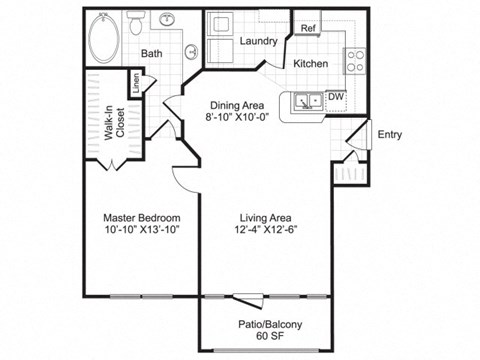Floor plan for 1 bed, 1 bath, 736 sqft